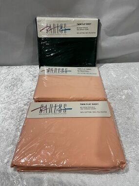 Vintage Sheets Lot  Of 3 CARESS Twin Flat Sheet Green Peach Coral Cotton Blend